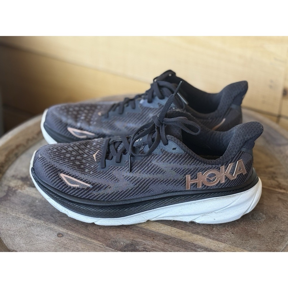 Hoka One One‎ Clifton 9 Womens 8.5 Black Rose Gold Running Shoes 1102896 BRGL